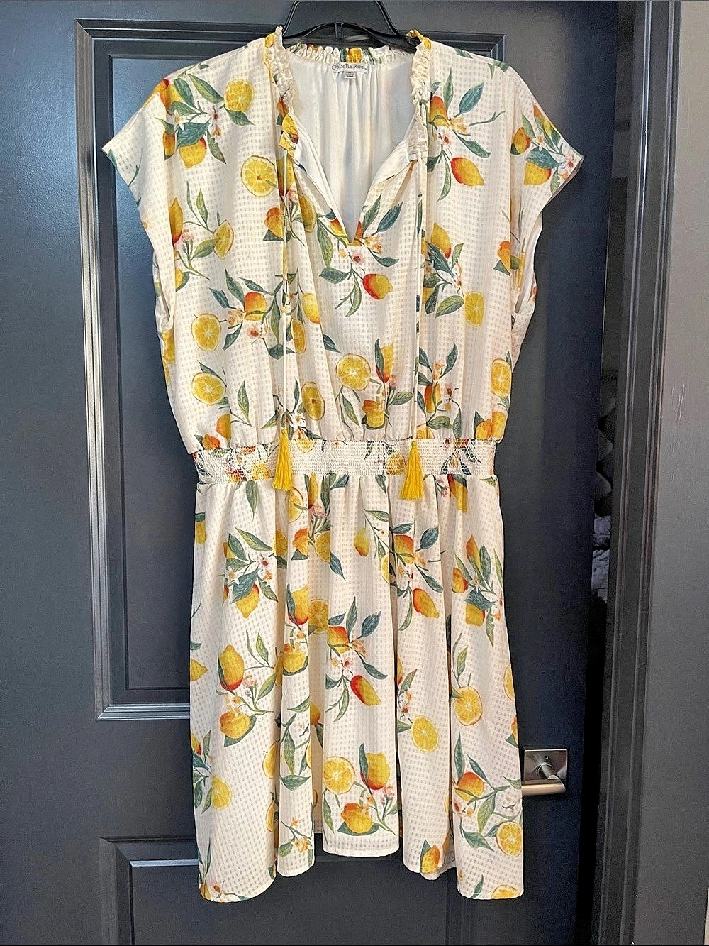 Ophelia Roe Lemon Print Smocked Tassel Sundress White & Yellow 3X